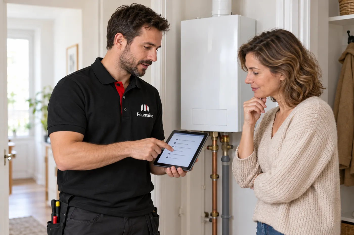 Chauffagiste en polo Fournaise expliquant un diagnostic sur tablette à une habitante, à côté de la chaudière murale