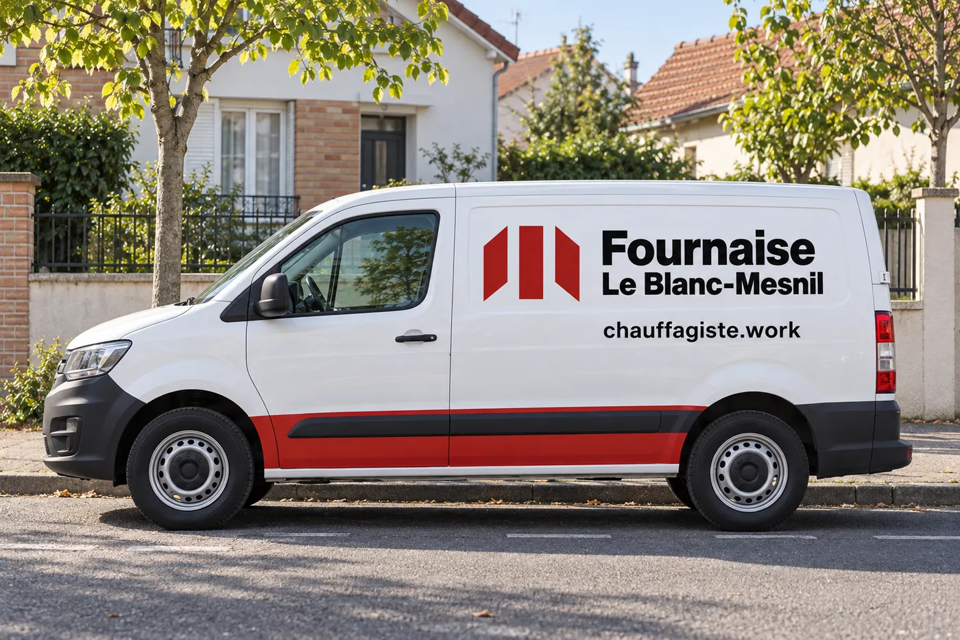Fourgon blanc Fournaise Le Blanc-Mesnil, marqué chauffagiste.work, garé dans une rue pavillonnaire