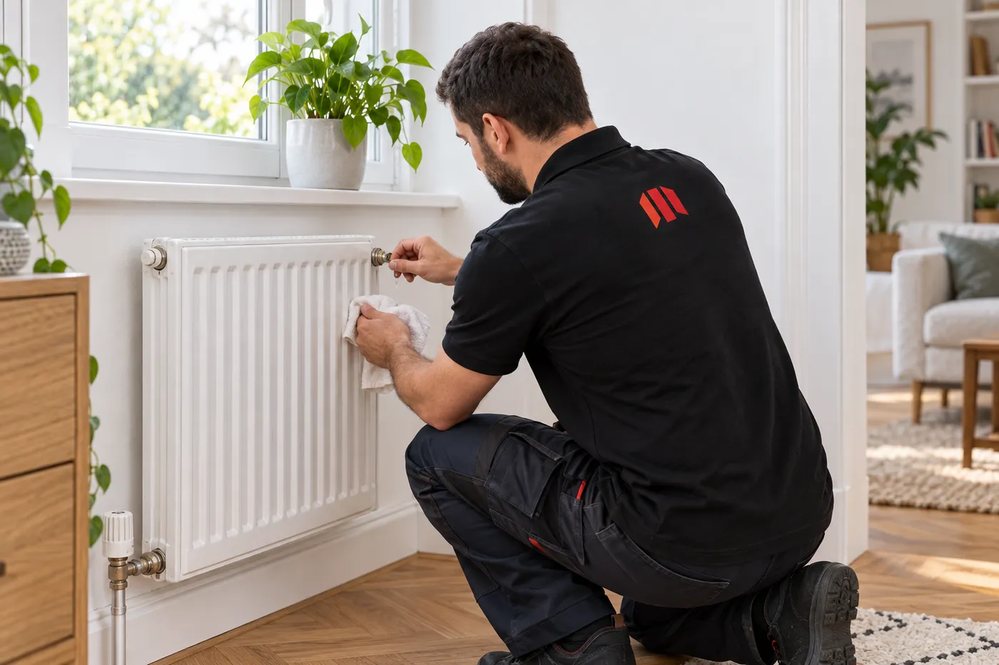 Chauffagiste purgeant un radiateur en acier sous une fenêtre, dans un séjour du Blanc-Mesnil